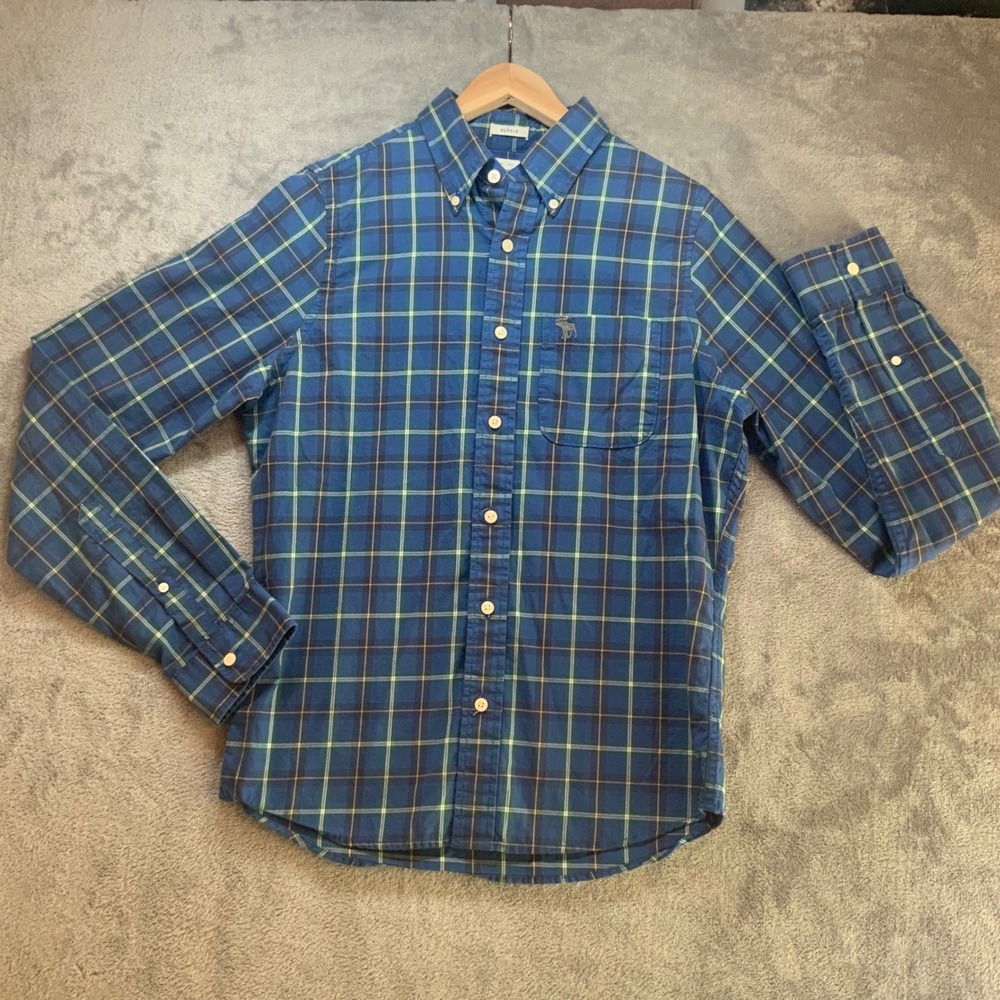 Abercrombie & Fitch Mens Muscle Fit Plaid Button Down Shirt Blue Green Medium